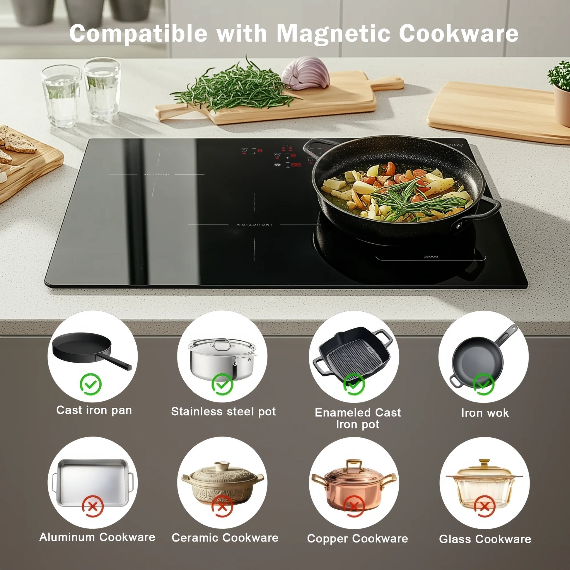 30in Built-In Induction Cooktop 4 Burners, 11600W Touch Control w/Boost & Bridge-Sync, Easy-Clean Tempered Glass, Child Lock