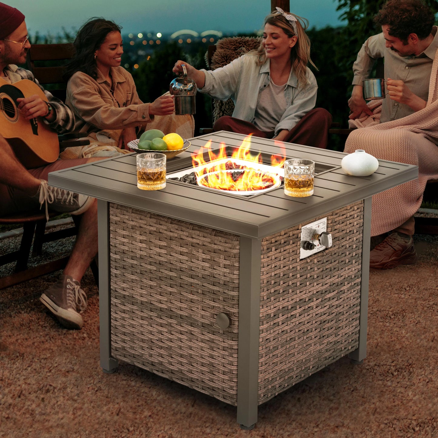 Nuu Garden Square 30" Outdoor Propane Fire Pit Table, 50,000 BTU Gas Fire Pit with Lid, Hand-Woven Wicker, with Glass Beads and CSA Certification