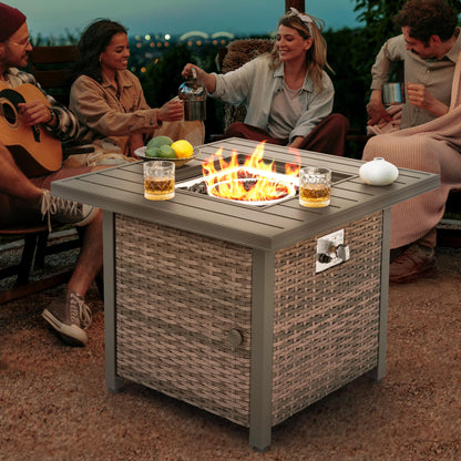 Nuu Garden Square 30" Outdoor Propane Fire Pit Table, 50,000 BTU Gas Fire Pit with Lid, Hand-Woven Wicker, with Glass Beads and CSA Certification