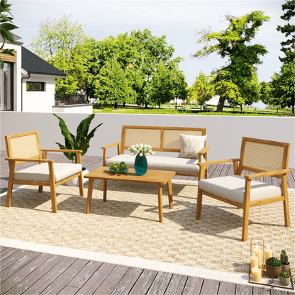 4 Piece Outdoor Patio Furniture Sets All Weather Outdoor Sofa PE Garden Furniture Wicker Rattan Patio Conversation Set with Glass Table & Beige Cushions