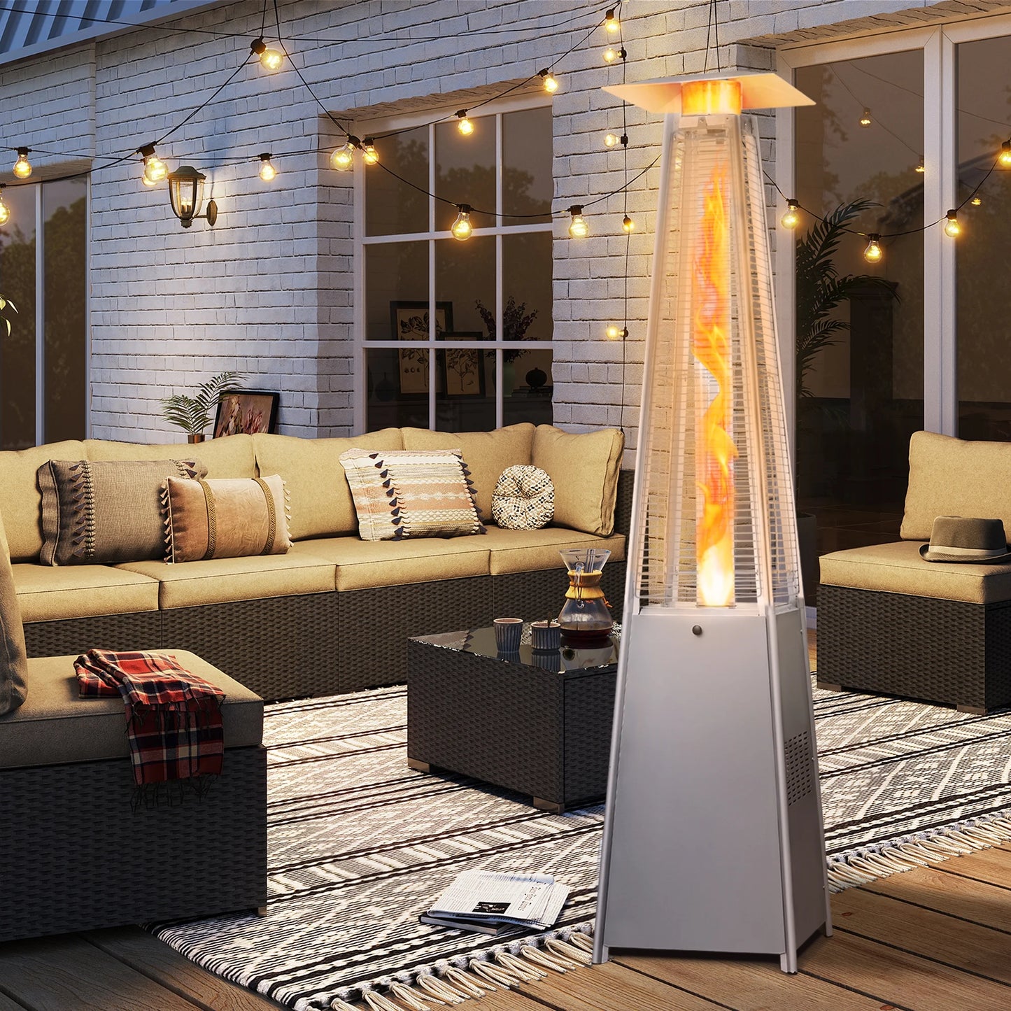 LAUSAINT HOME 87'' Tall Pyramid Patio Heater with Wheels, Glass Tube Flame Heating 48000 BTU & Dust Cover