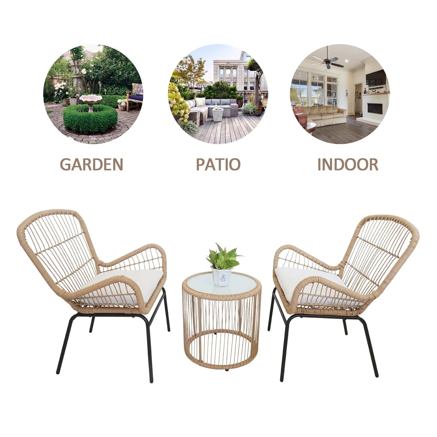 Outdoor Bistro Sets, 3 Piece Natural Color Wicker Chairs Set, Cushioned Patio Conversation Chairs Sets with 2 Armchairs and Tempered Glass Coffee Table, for Yard, Deck, Poolside, D7829