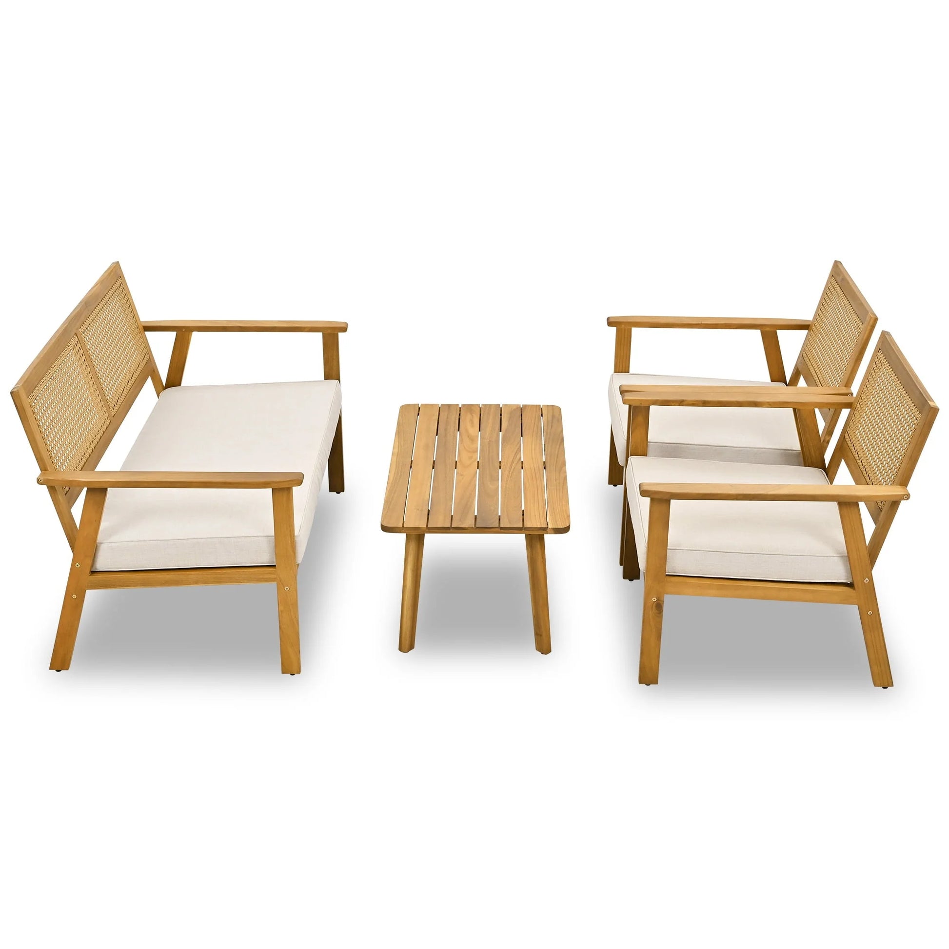4 Piece Outdoor Patio Furniture Sets All Weather Outdoor Sofa PE Garden Furniture Wicker Rattan Patio Conversation Set with Glass Table & Beige Cushions