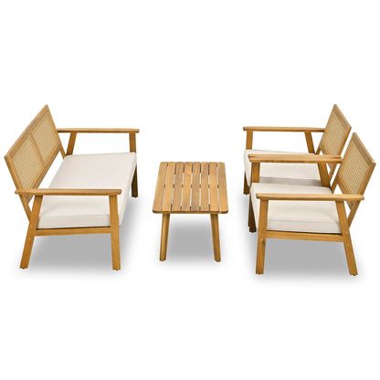 4 Piece Outdoor Patio Furniture Sets All Weather Outdoor Sofa PE Garden Furniture Wicker Rattan Patio Conversation Set with Glass Table & Beige Cushions