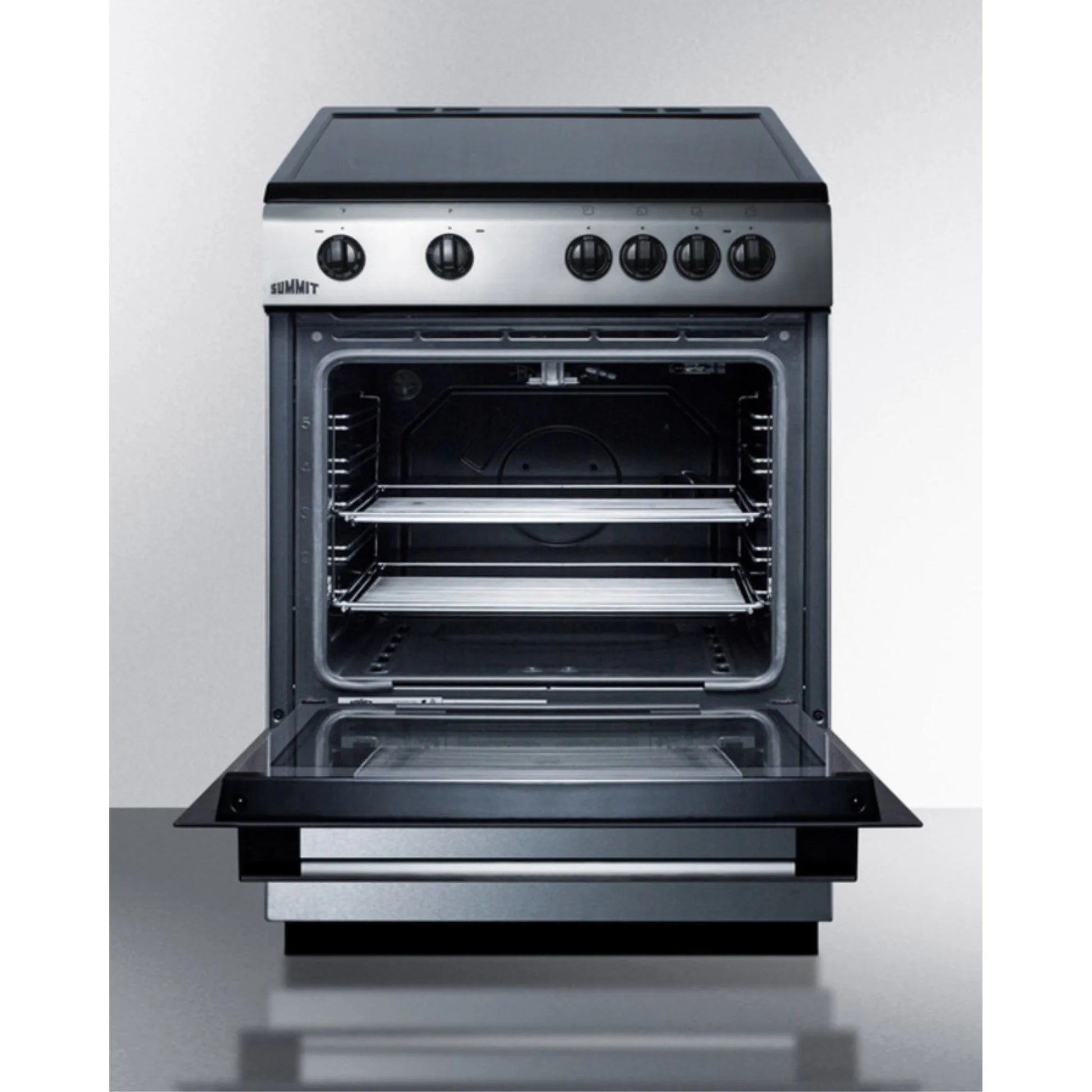 24" wide smooth top electric range in slide-in style and white finish, with storage drawer and large oven window in black glass