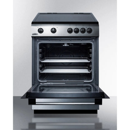 24" wide smooth top electric range in slide-in style and white finish, with storage drawer and large oven window in black glass