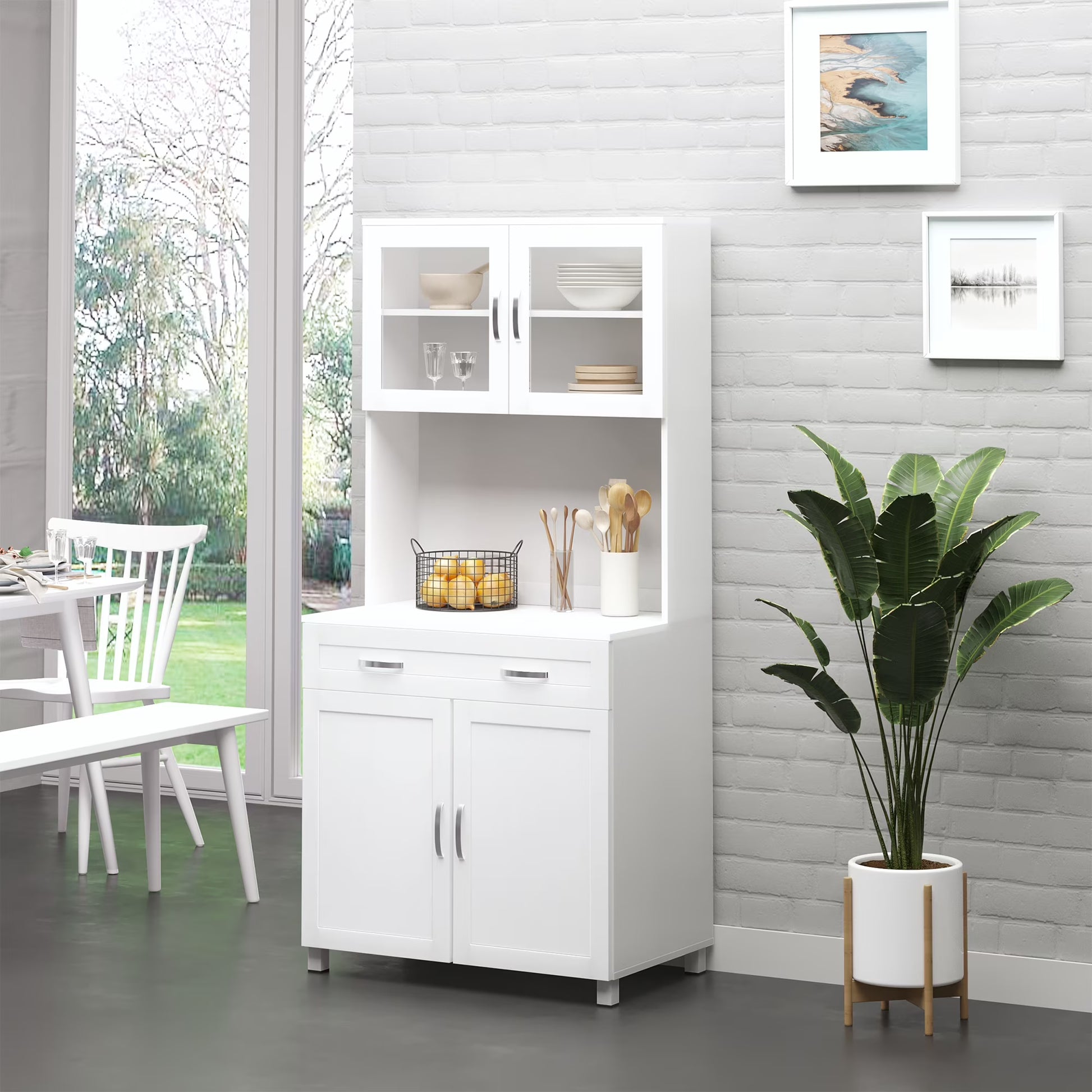 HOMCOM 67" Pantry Cabinet, Modern Kitchen Hutch, Freestanding Storage Cabinet with Glass Doors, Adjustable Shelves and Drawers, White