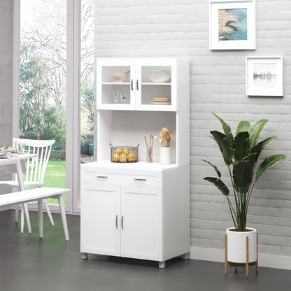 HOMCOM 67" Pantry Cabinet, Modern Kitchen Hutch, Freestanding Storage Cabinet with Glass Doors, Adjustable Shelves and Drawers, White
