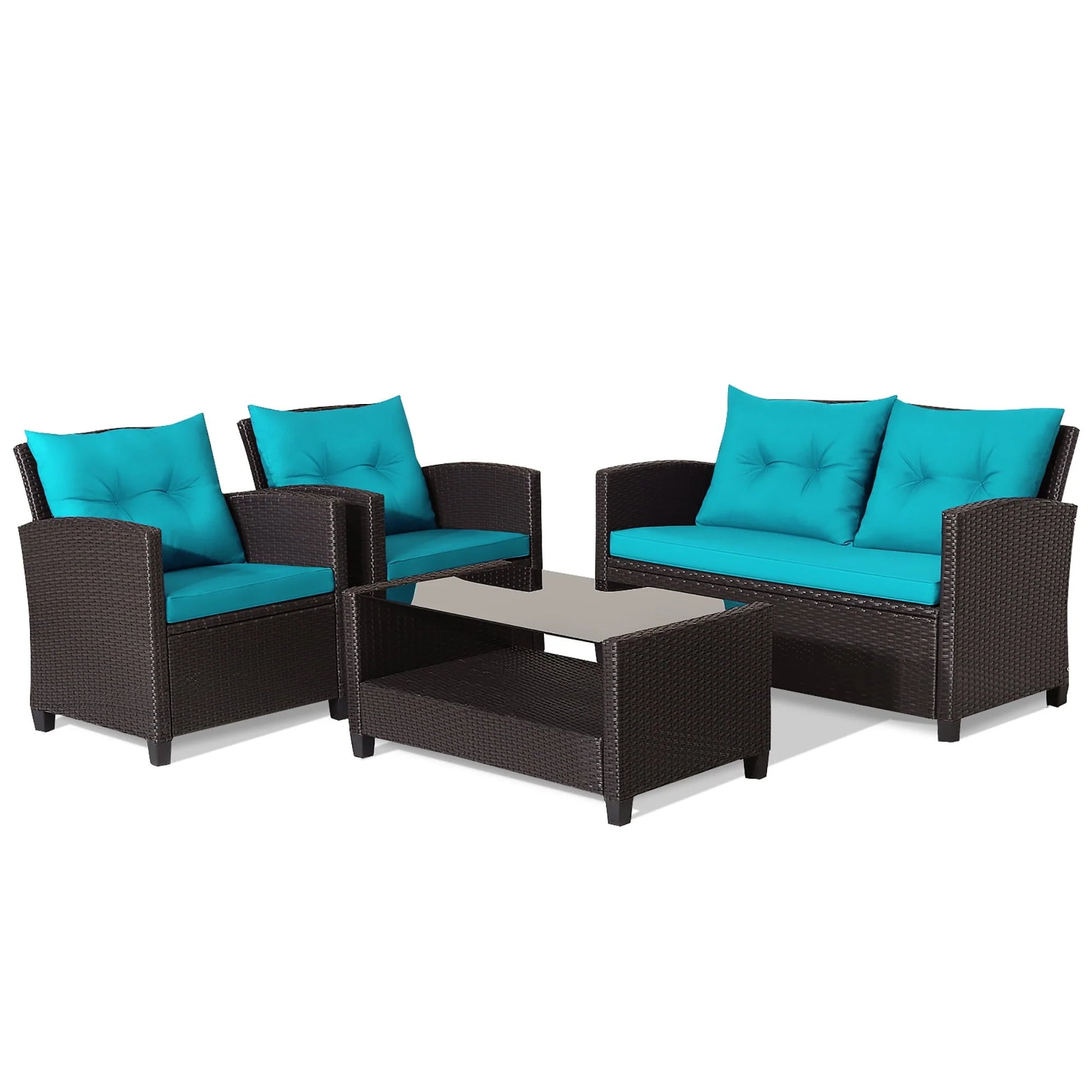 Gymax 4PCS Outdoor Conversation Set Patio PE Rattan Set w/Glass Table & Sofa Cushions Turquoise
