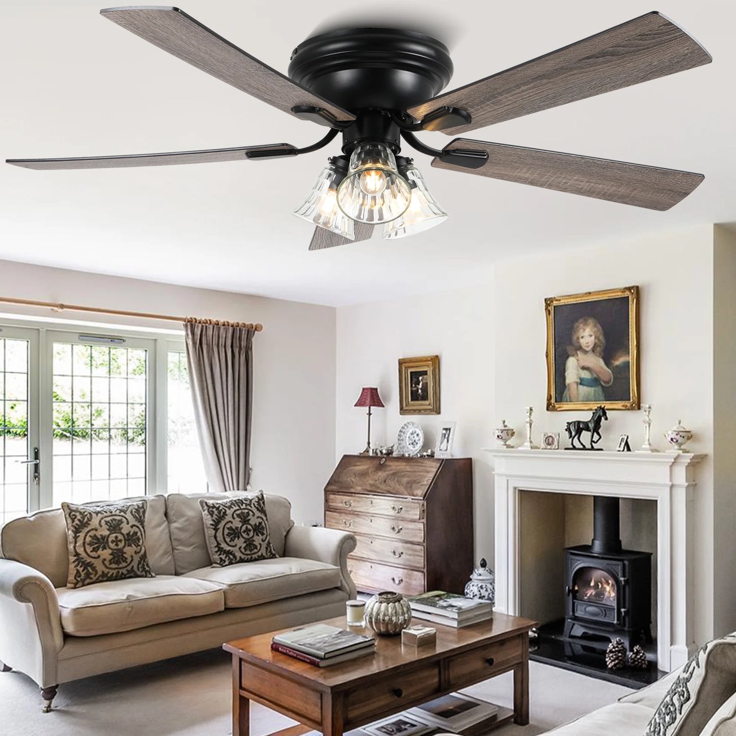 Cusp Barn 52 Inch Traditional Indoor Ceiling Fan with Remote Control, Vintage Clear Glass Shade Chandelier, Low Profile Flush Mount Reversible Ceiling Fan for Bedroom