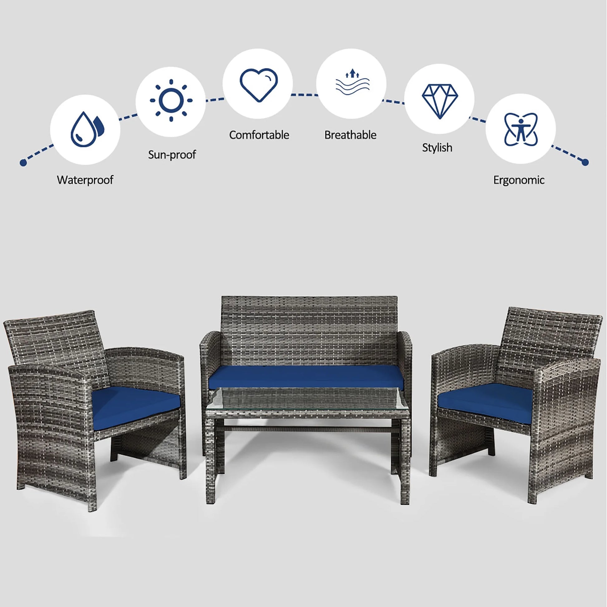 Costway 8PCS Patio Rattan Furniture Set Conversation Glass Table Top Sofa Cushioned Navy