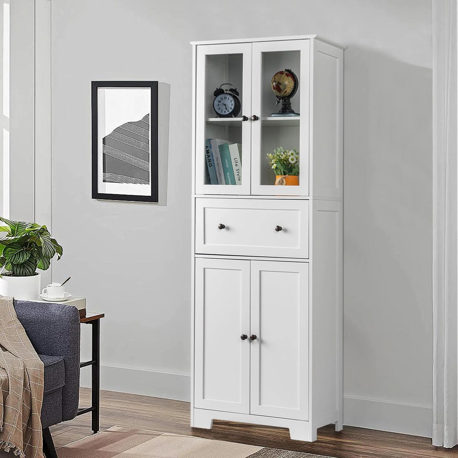 UBesGoo 64"H Pantry Cabinet, Tall Bathroom Closet Storage Organizer, with 2 Glass Doors Cabinets & Large Drawer, for Kitchen Living Room Bedroom Laundry Room Entryway Office, White