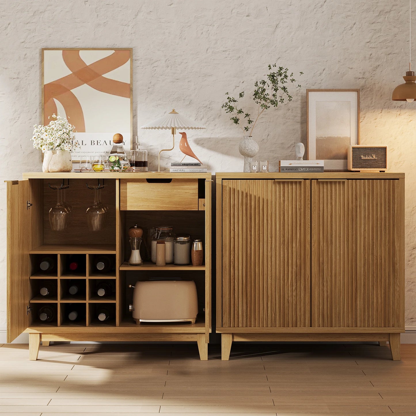 VEANERWOOD Wine Bar Cabinet with 2 Door Fluted Texture, Kitchen Sideboard Buffet with Wine Rack& Glass Holder for Living Room