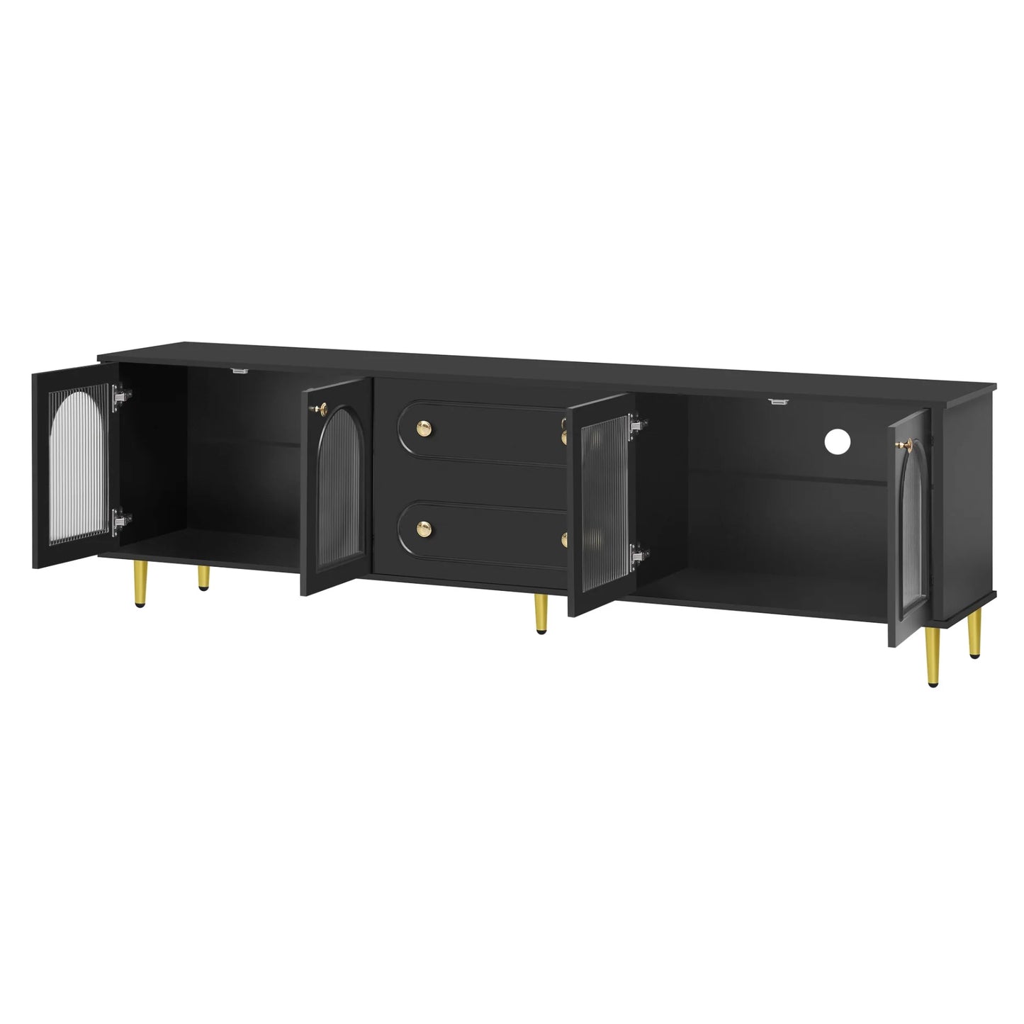 TV Stand for 80 inch TV, Entertainment Center with 2 Drawers and 2 Cabinets, Low Profile TV Consoles with Fluted Glass Doors and 5 Metal Legs for Living Room, Black