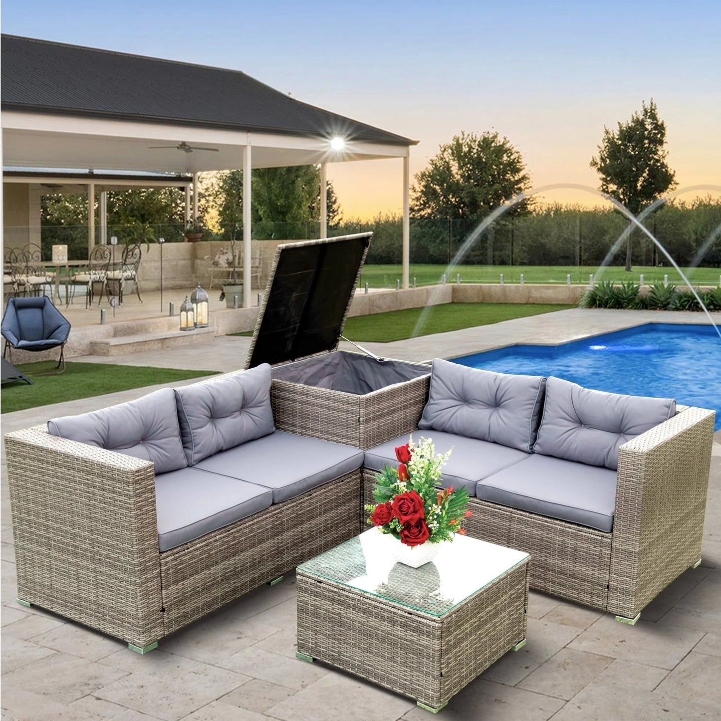 Rattan Patio Sofa Set, 4 Pieces Outdoor Sectional Furniture, All-Weather PE Rattan Wicker Patio Conversation, Cushioned Sofa Set with Glass Table & Storage Box for Patio Garden Poolside Deck