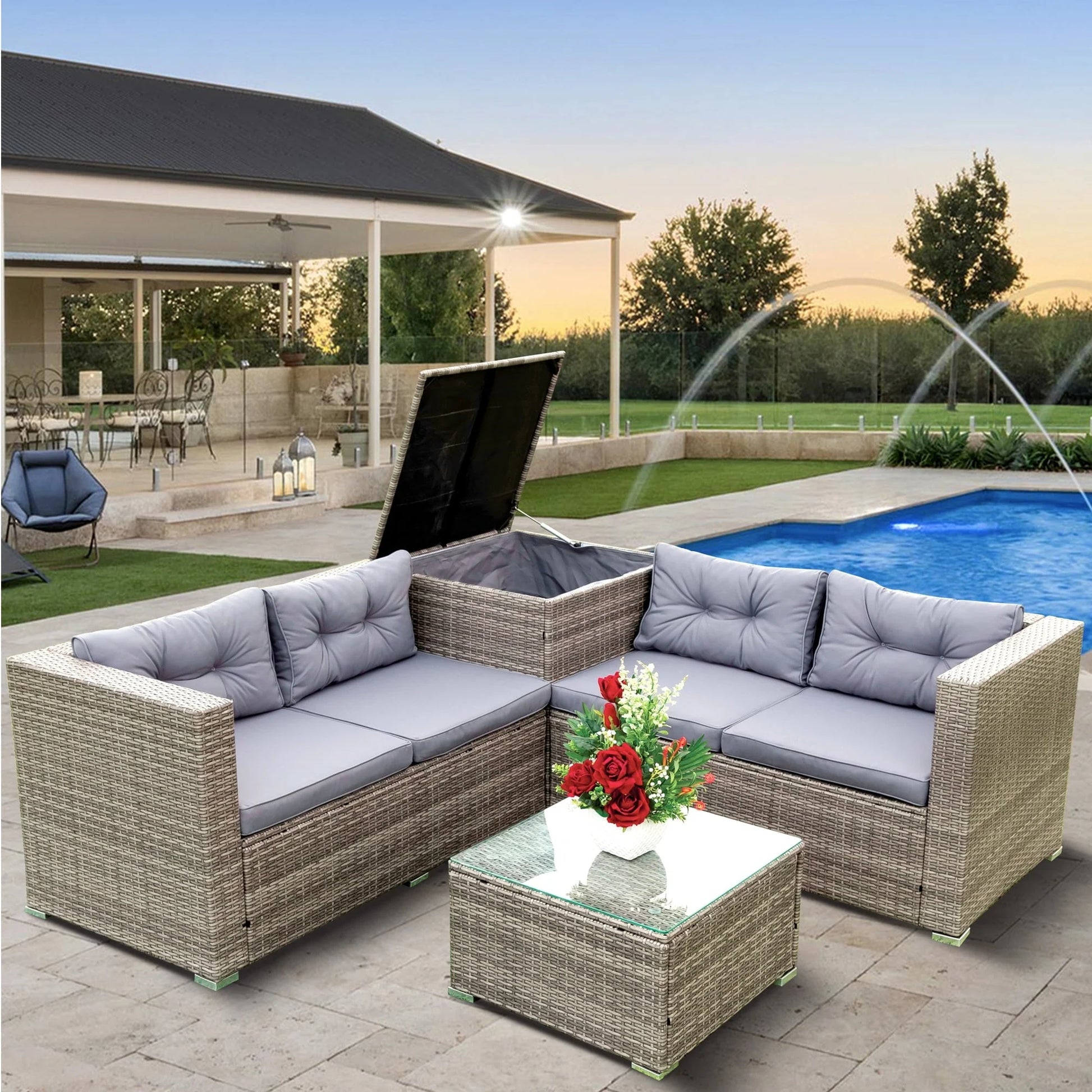 Rattan Patio Sofa Set, 4 Pieces Outdoor Sectional Furniture, All-Weather PE Rattan Wicker Patio Conversation, Cushioned Sofa Set with Glass Table & Storage Box for Patio Garden Poolside Deck