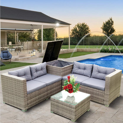 Rattan Patio Sofa Set, 4 Pieces Outdoor Sectional Furniture, All-Weather PE Rattan Wicker Patio Conversation, Cushioned Sofa Set with Glass Table & Storage Box for Patio Garden Poolside Deck