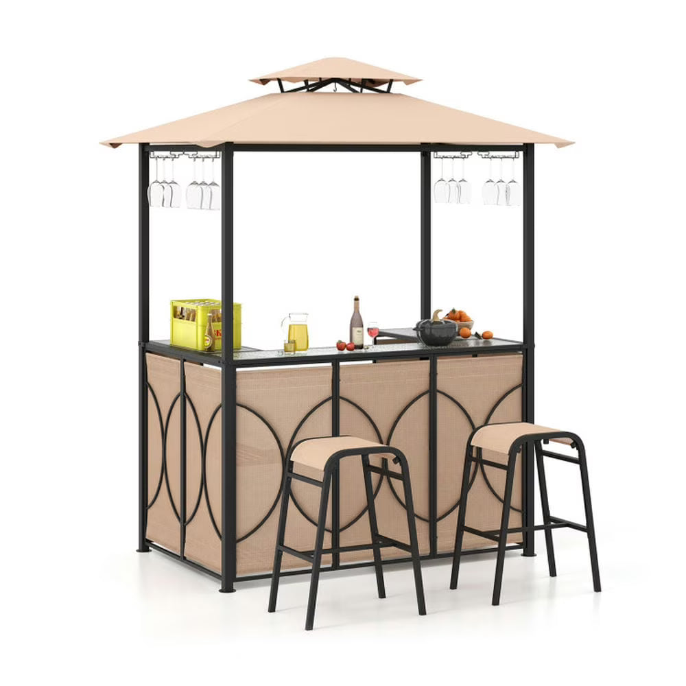 Aimee Lii 3-Piece Patio Bar Set Grill Patio Canopy & 2 Bar Stools with Tempered Glass Bar Table, Modern Patio Furniture for Outdoor Backyard Pool Deck-Brown