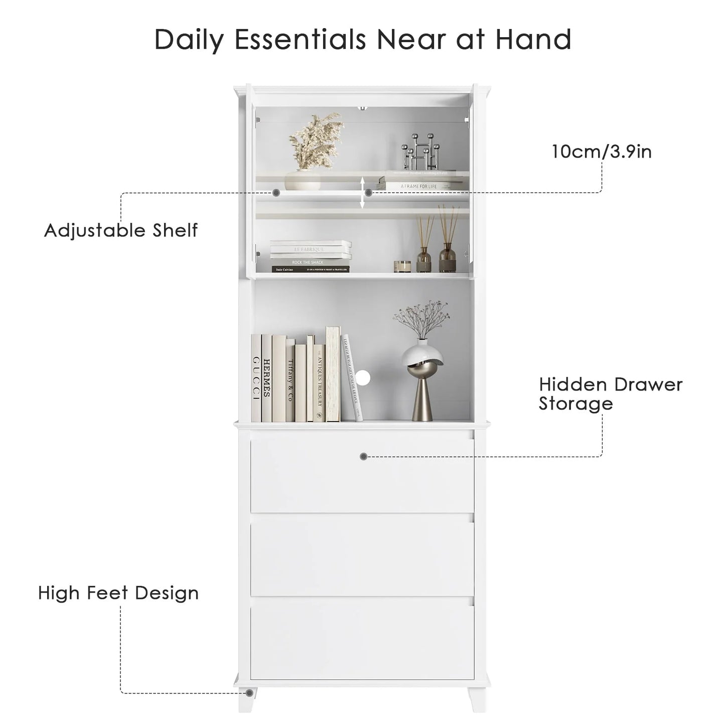 Homfa 3-Drawer Kitchen Storage Cabinet, 76.6'' Tall Cabinet with Clear Glass Door for Bathroom, White