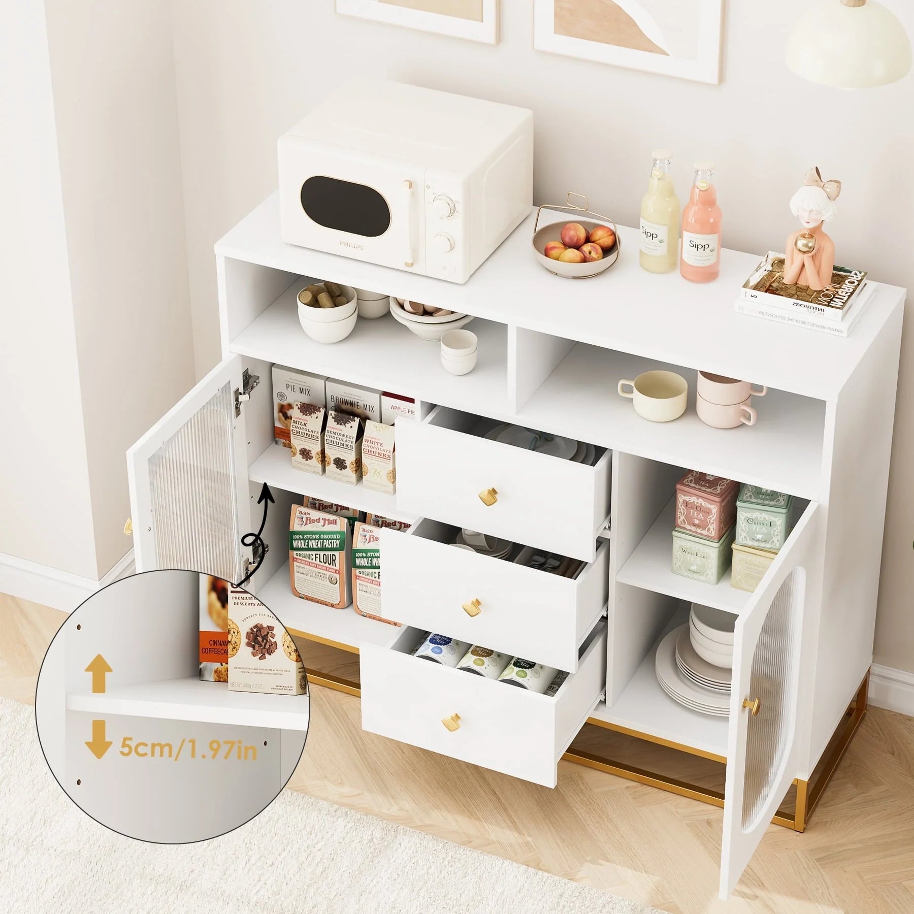 Homfa 47.2'' Sideboard Storage Cabinet, 3 Drawers Buffet Cabinet with Glass Doors for Kitchen Dining Room, White