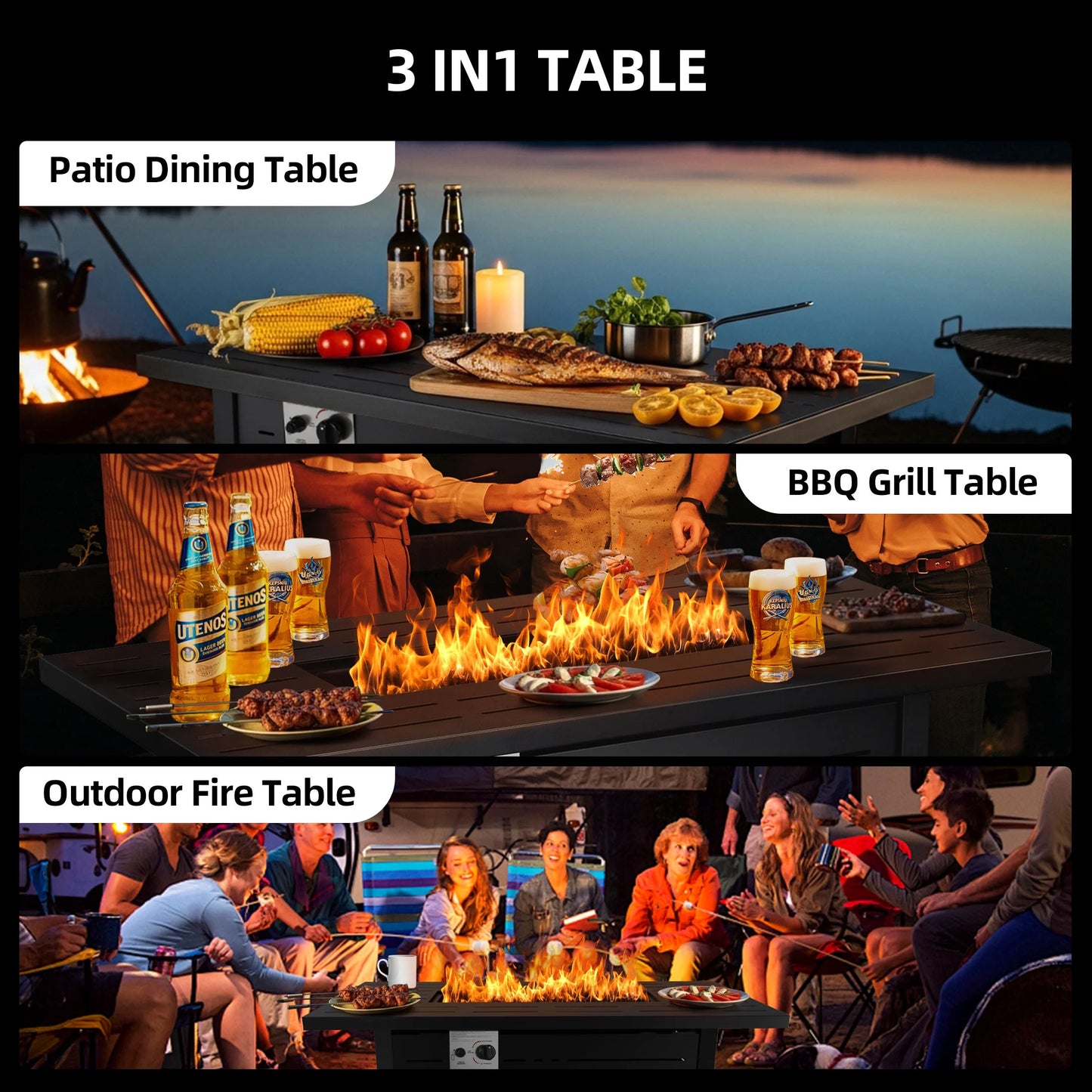 LHRIVER 43" Propane Fire Pit Table, 50,000 BTU Outdoor Windproof Gas Fire Pit with Lid, Smokeless Glass Rocks, Cover
