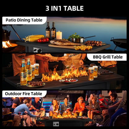 LHRIVER 43" Propane Fire Pit Table, 50,000 BTU Outdoor Windproof Gas Fire Pit with Lid, Smokeless Glass Rocks, Cover