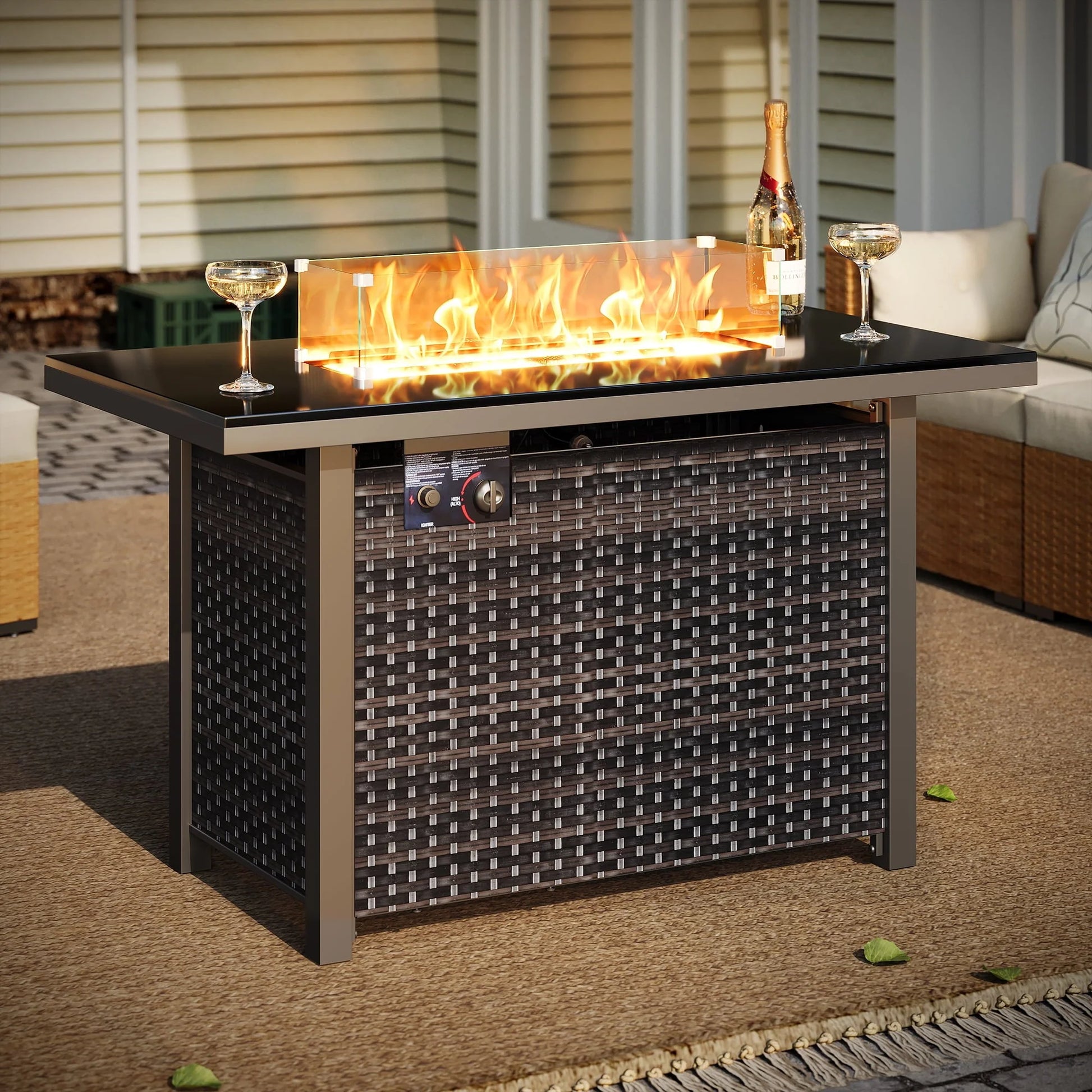 LAUSAINT HOME 43" Outdoor Fire Pit Table, 50,000 BTU Auto-Ignition Gas Fire Pit with Glass Wind Guard Propane(Rattan)
