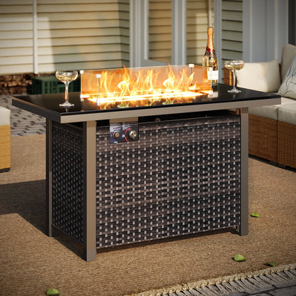 LAUSAINT HOME 43" Outdoor Fire Pit Table, 50,000 BTU Auto-Ignition Gas Fire Pit with Glass Wind Guard Propane(Rattan)