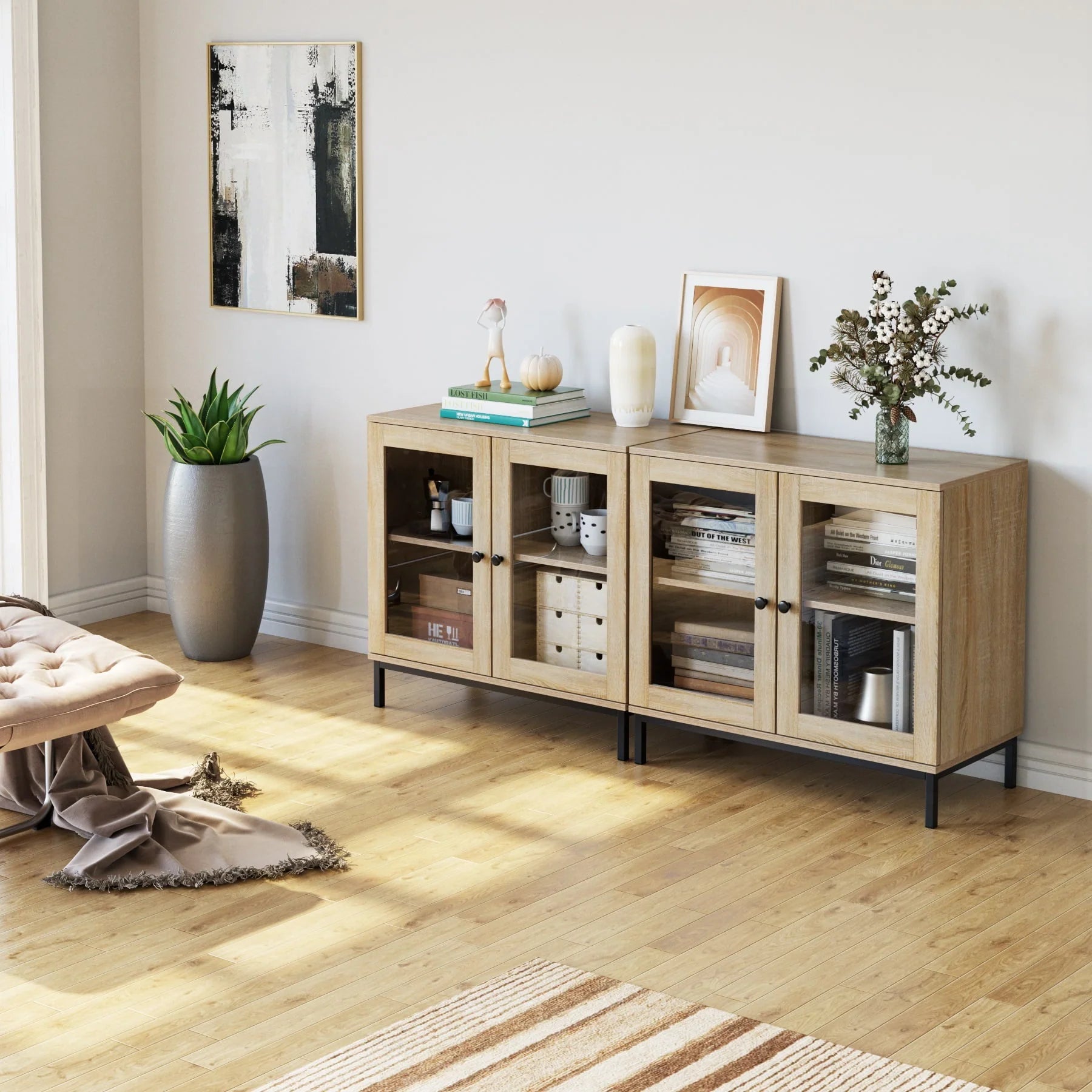 Homfa Wide Accent Cabinet with Glass Doors, Adjustable Shelves Display Cabinet with Metal Base, Oak