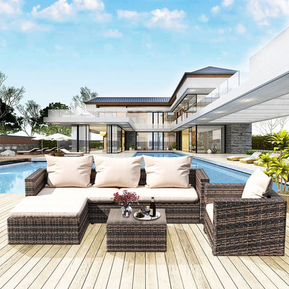 Rattan Patio Sofa Set, 4 Pieces Outdoor Sectional Furniture Set, All-Weather PE Rattan Wicker Patio Conversation Set, Cushioned Sofa Set with Glass Table & Pillows for Patio Garden Poolside Deck, B626