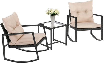 FDW 3 Pieces Wicker Outdoor Set with a High-Quality Tempered Glass Coffee Table, Black, steel, 2