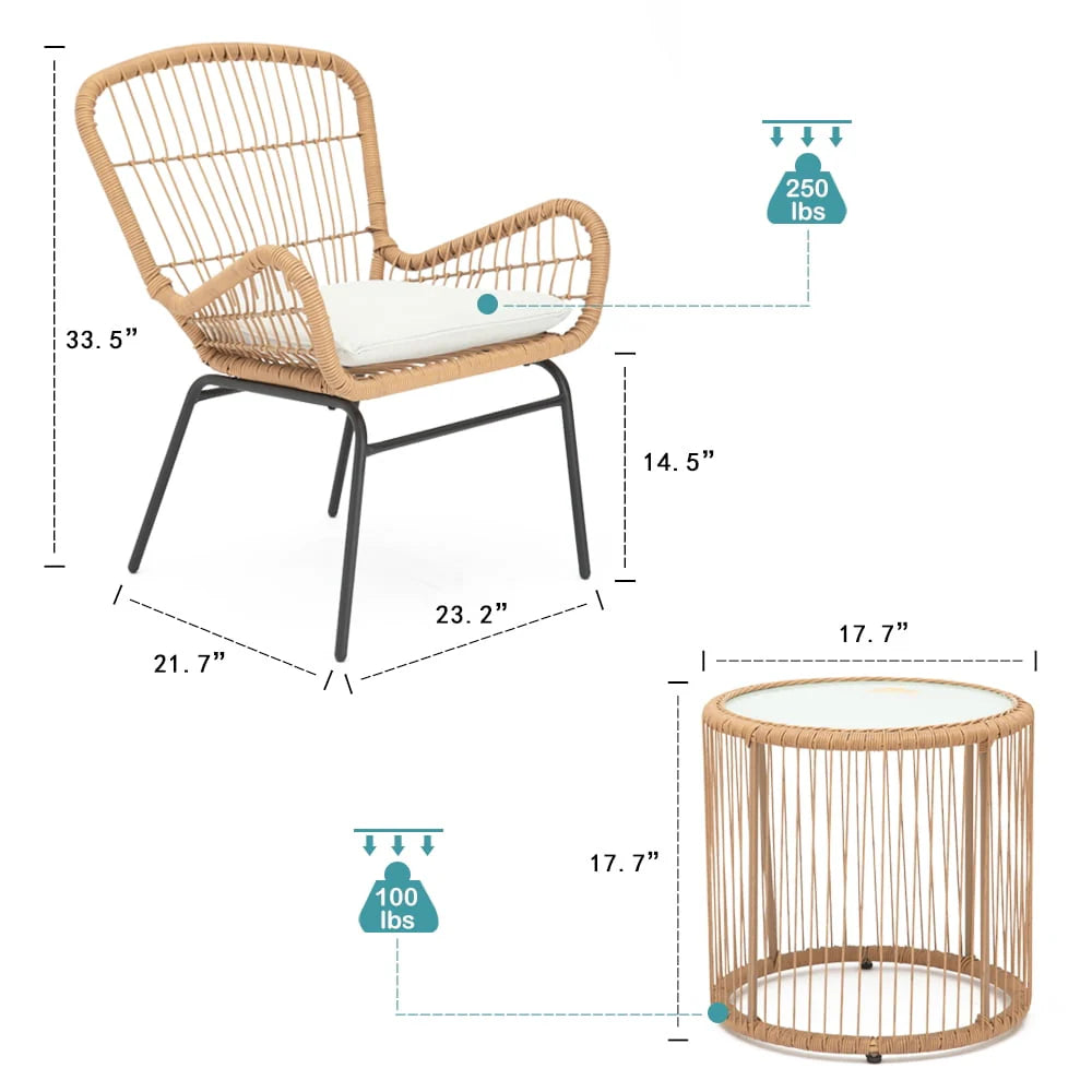 Outdoor Bistro Sets, 3 Piece Natural Color Wicker Chairs Set, Cushioned Patio Conversation Chairs Sets with 2 Armchairs and Tempered Glass Coffee Table, for Yard, Deck, Poolside, D7829