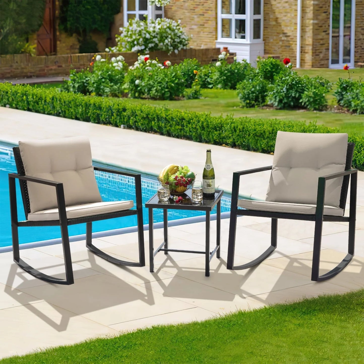 Devoko 3 Pieces Patio Furniture Sets Outdoor PE Rattan Bistro Rocker Conversation Sets with Glass Coffee Table, Beige