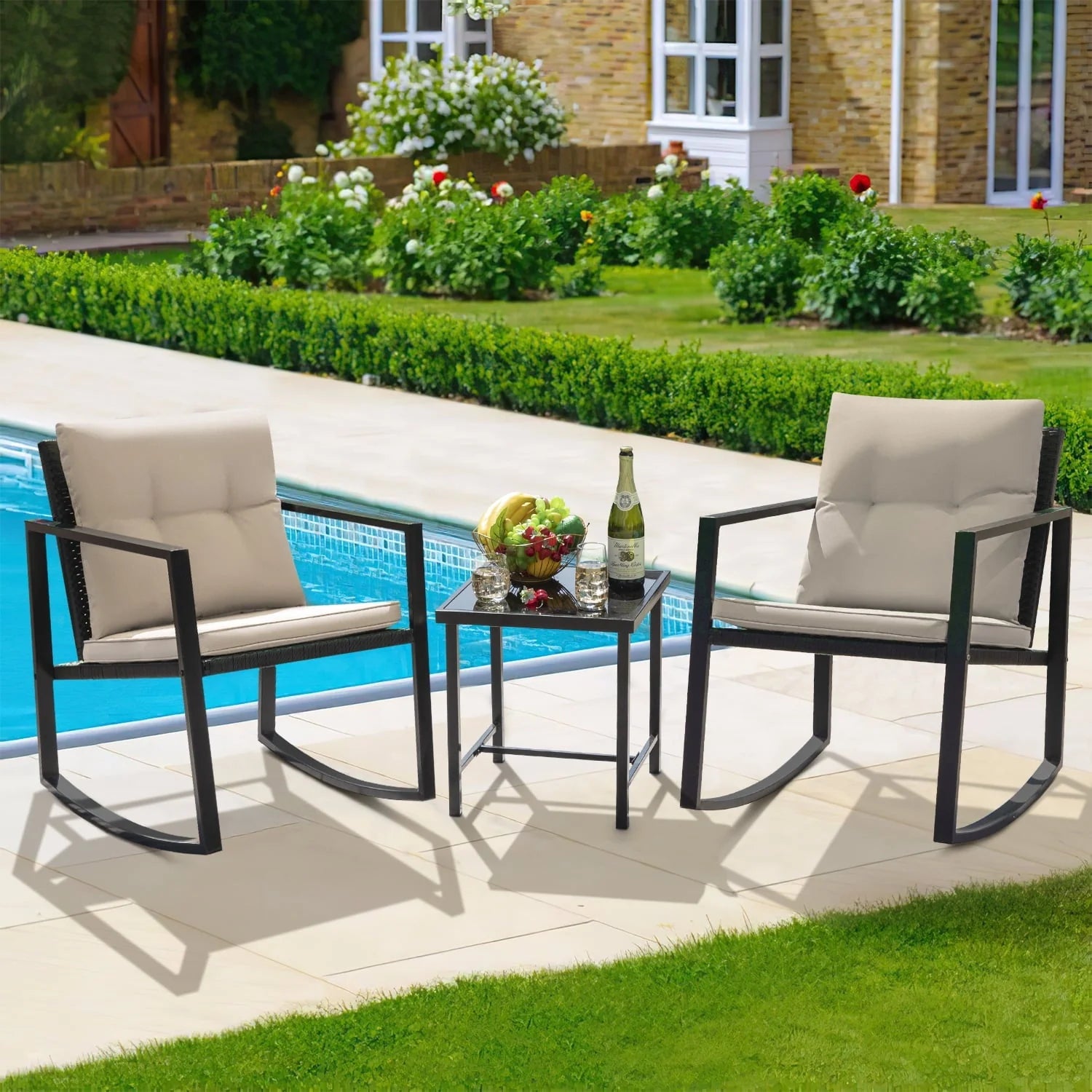 Devoko 3 Pieces Patio Furniture Sets Outdoor PE Rattan Bistro Rocker Conversation Sets with Glass Coffee Table, Beige