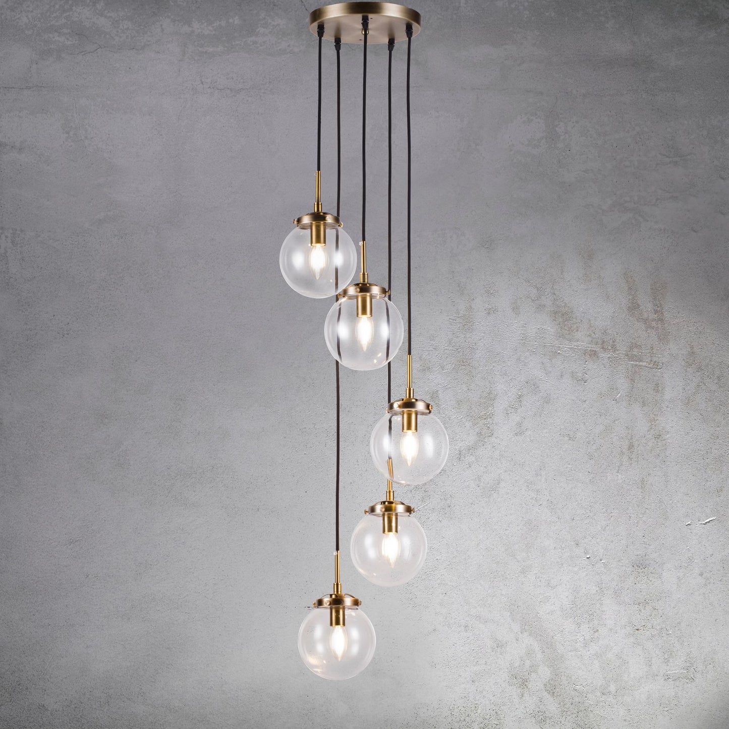 JYYQ.INC 5-Lights Modern Staircase Globe Bubble Glass Linear Chandelier Gold