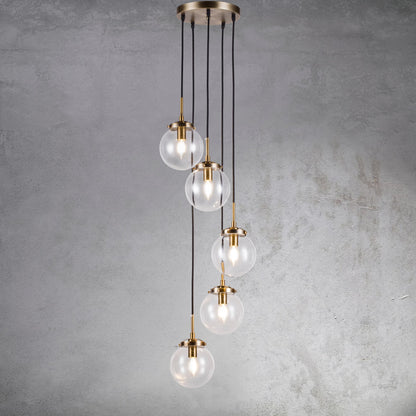 JYYQ.INC 5-Lights Modern Staircase Globe Bubble Glass Linear Chandelier Gold