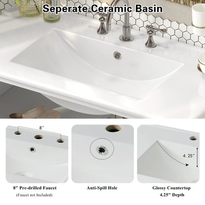 Christopher Knight Home 36" Bathroom Vanity with Sink, Textured Glass Doors, Open Shelf, White