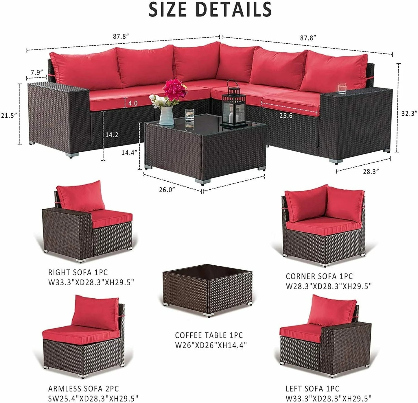 Gotland Outdoor Patio Furniture Set 6 Piece Sectional Rattan Sofa Set Rattan Wicker Patio Conversation Set with 5 Seat Cushions and 1 Tempered Glass Table,Red