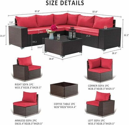 Gotland Outdoor Patio Furniture Set 6 Piece Sectional Rattan Sofa Set Rattan Wicker Patio Conversation Set with 5 Seat Cushions and 1 Tempered Glass Table,Red