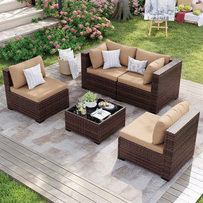 MRUAKA 8 Pieces Patio Furniture Set with Fire Pit Table, Outdoor Furniture Sectional Rattan Sofa with Slanted Back, Patio Couch with Glass Coffee Table for Backyard Garden (Navy)