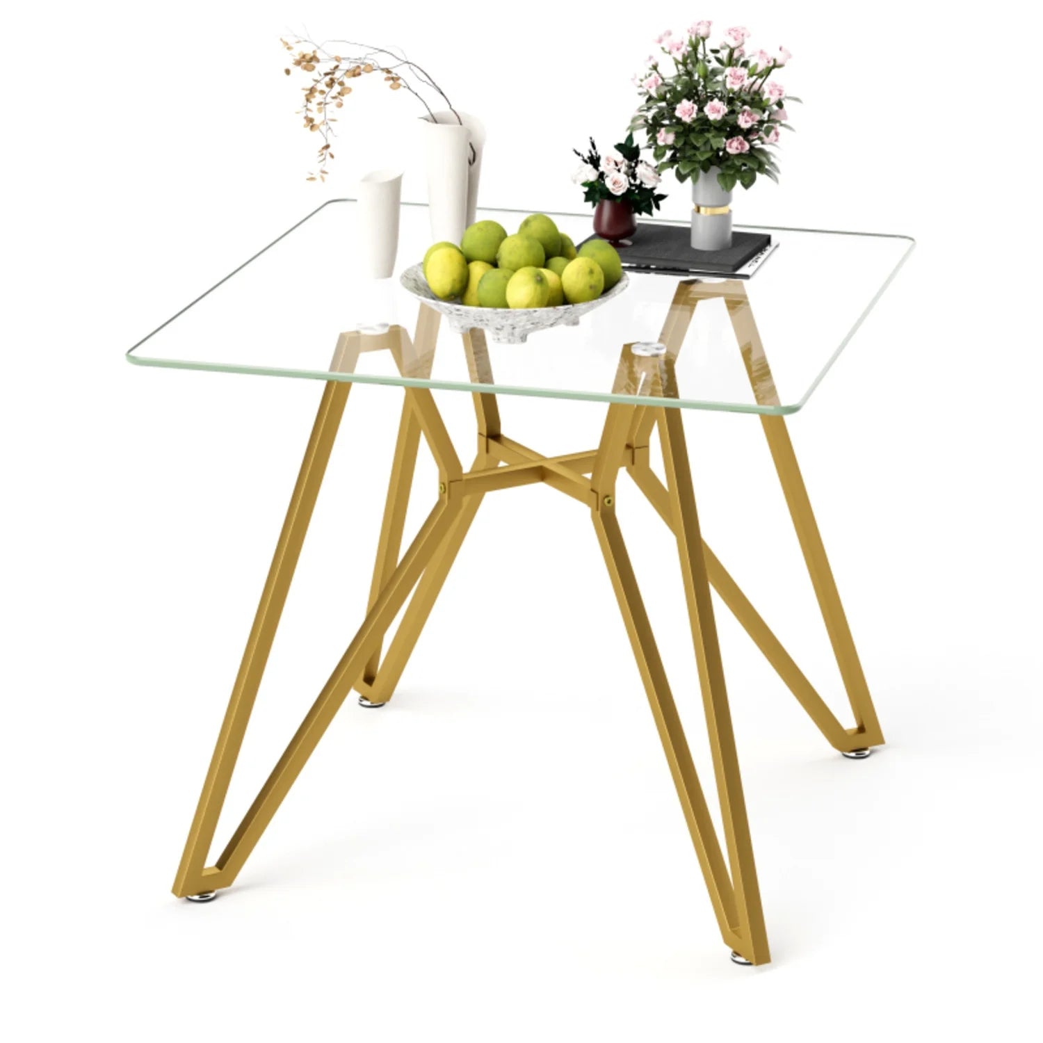35.4 Inch Square Tempered Glass Dining Table Suitable For 2 To 4 People Space Saving Small Kitchen Dining Table Equipped With Sturdy Metal Table Legs Suitable For Dining Room Living Room Gold