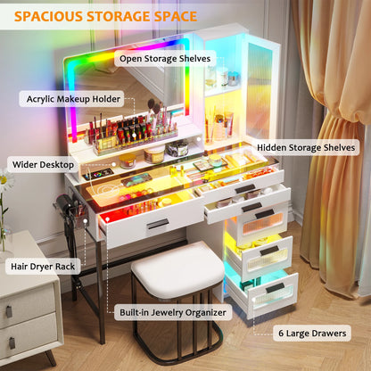 HNEBC Vanity Desk with Mirror and RGB Lights, Glass Top Makeup Vanity with Auto Sensor Lights and Wireless Charging, Vanity Table Set with Cushion Stool, Dressing Table with 6 Drawers (White)