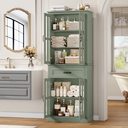 Homfa 71" Tall Bathroom Cabinet with Glass Doors, Freestanding Linen Cabinet with Drawer & Adjustable Shelves, Blue
