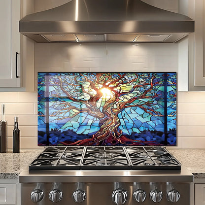 Mosaic Tree of Life Tempered Glass Backsplash For Kitchen Behind Stove,Stove Back Top Cover,Easy to Clean Glass Splashback, Sink Cover Splash Guard,Home Kitchen Wall Decor