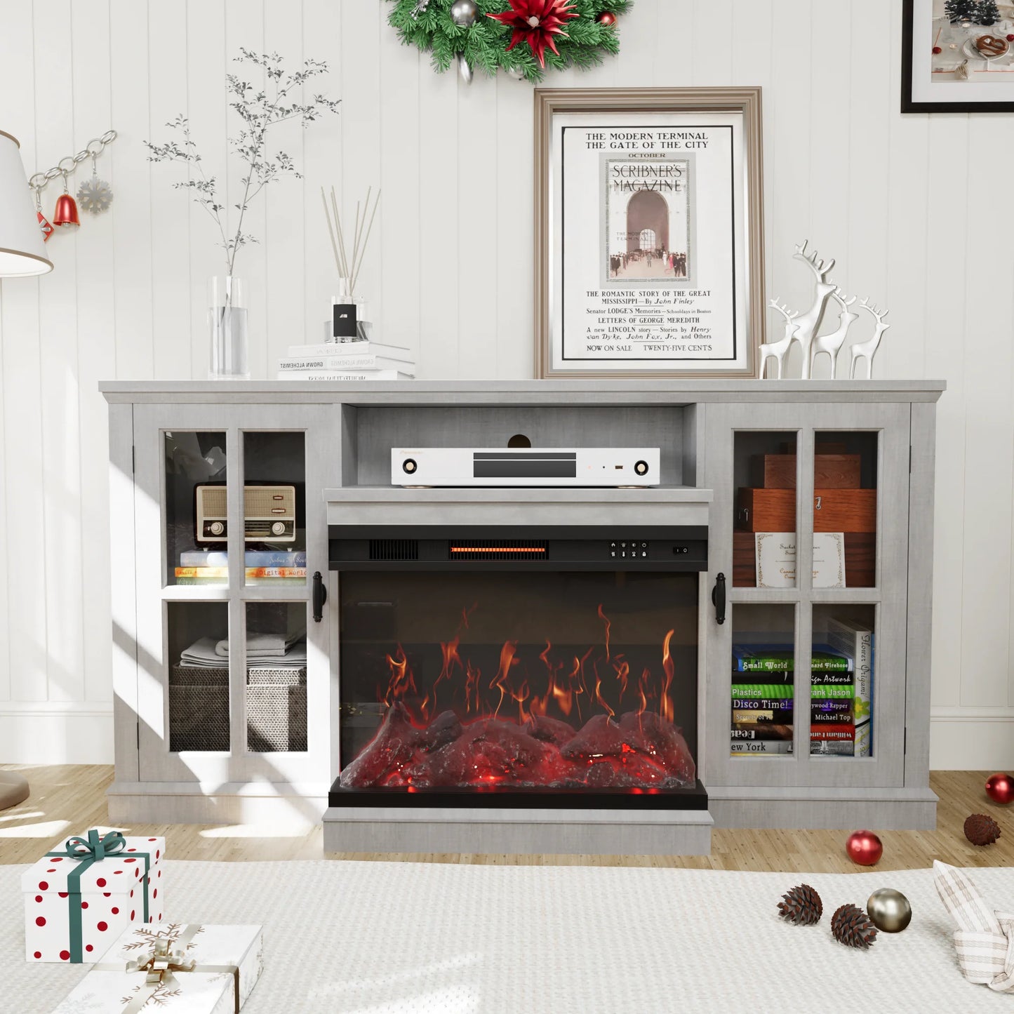 Homall Fireplace TV Stand for TVs up to 65" 3-Sided Glass Modern Media Entertainment Center with Cabniet Storage Adjustable Flame Color Fireplace,Gray