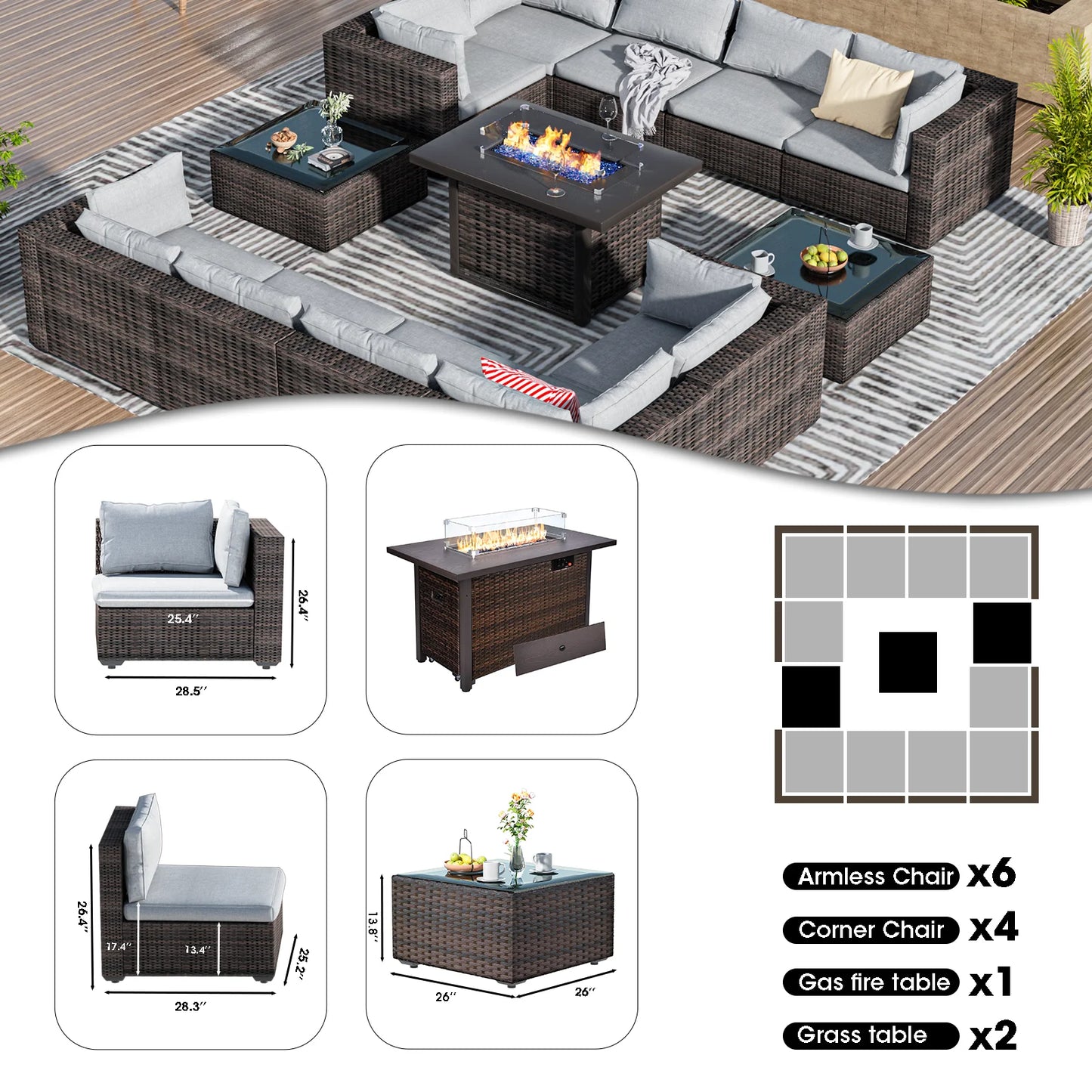 TANGJEAMER 13 Pieces All-Weather PE Rattan Sectional Sofa with Cushions,Glass Table and Fire Pit Table for Party and Family Gathering(Grey cushions)