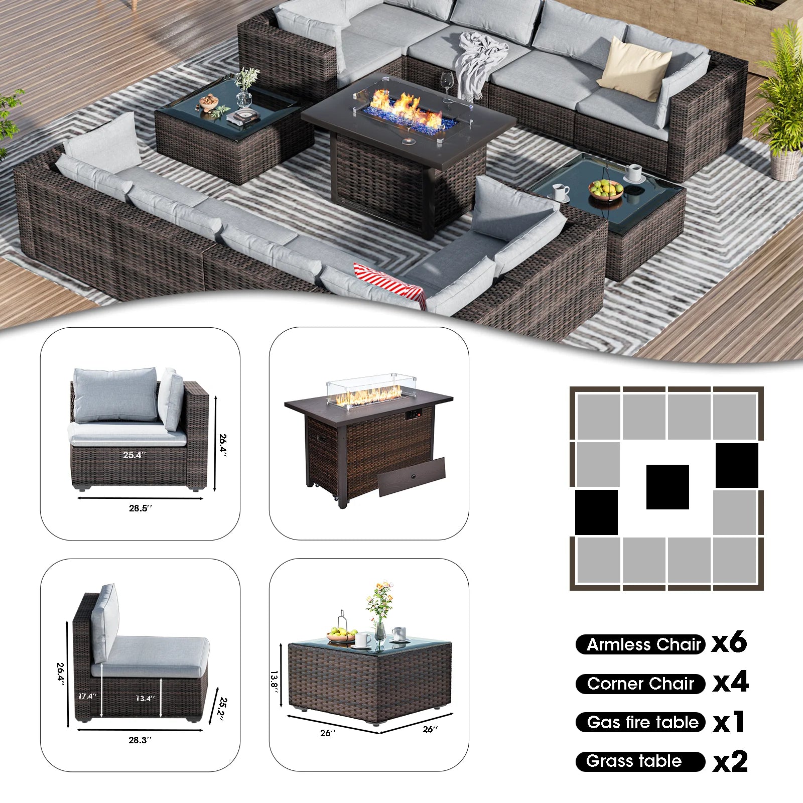 TANGJEAMER 13 Pieces All-Weather PE Rattan Sectional Sofa with Cushions,Glass Table and Fire Pit Table for Party and Family Gathering(Grey cushions)