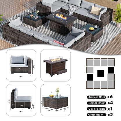 TANGJEAMER 13 Pieces All-Weather PE Rattan Sectional Sofa with Cushions,Glass Table and Fire Pit Table for Party and Family Gathering(Grey cushions)