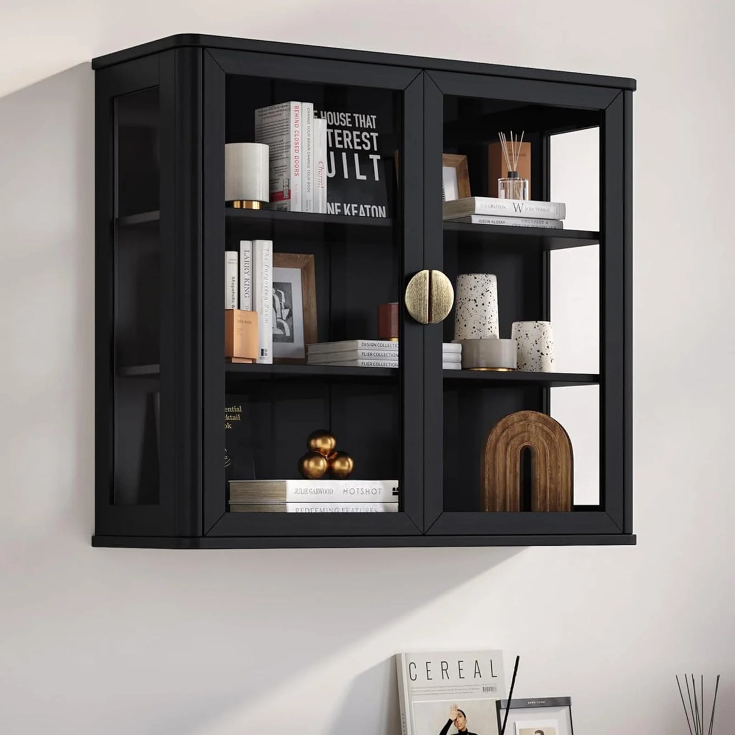 POLIHOME Display Wall Cabinet with Tempered Glass DoorsStorage Cabinet with Adjustable Shelves