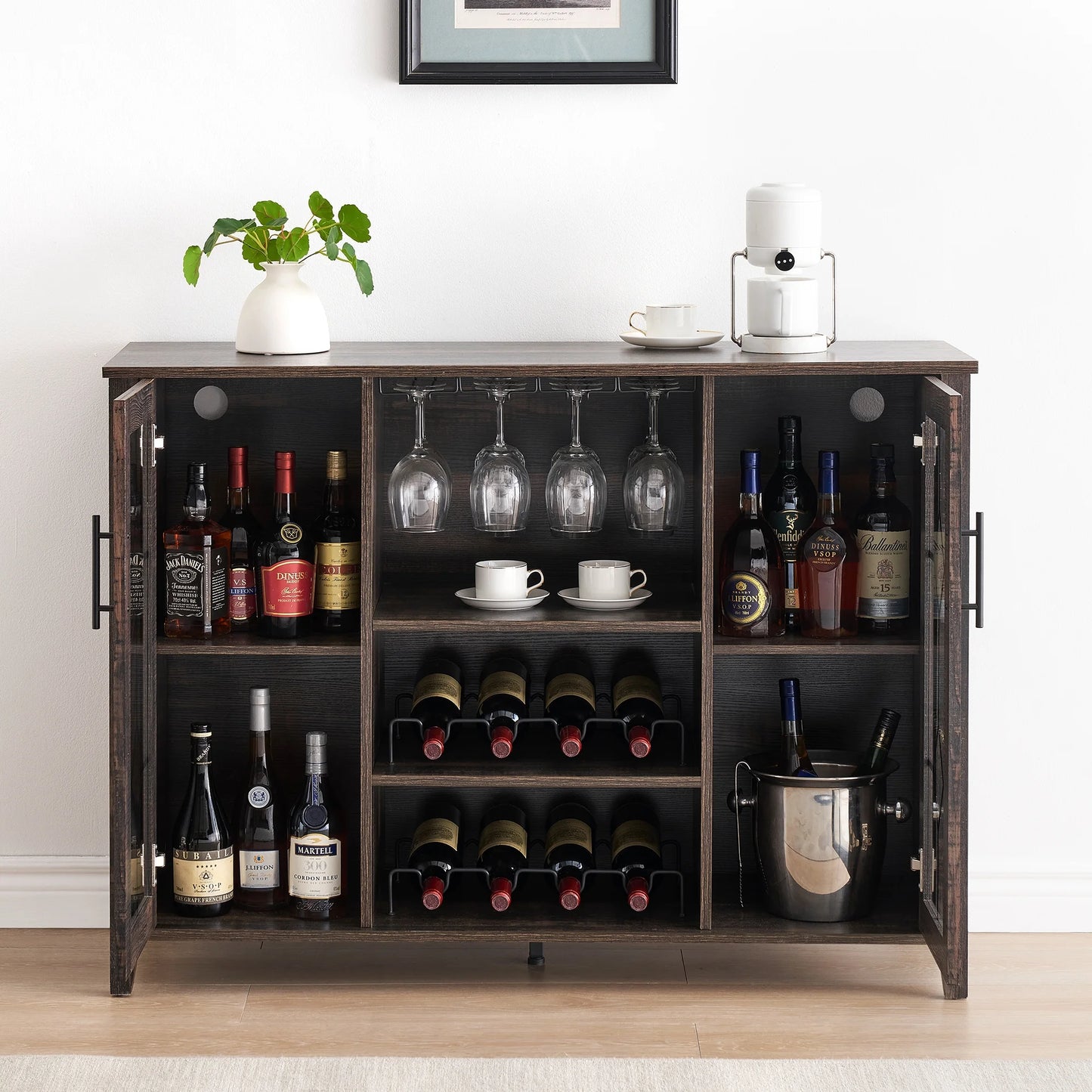 Garvee Farmhouse Wine Bar Cabinet with LED Lights, Coffee Bar Cabinet with Wine and Glasses Rack, Buffet Sideboard with Storage, Liquor Cabinet for Bar, Kitchen, Dining Room, Dark Oak
